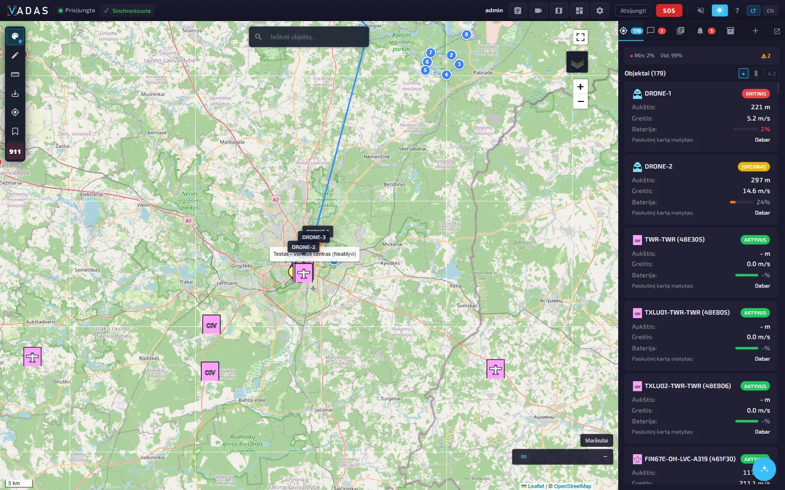 Žemėlapio vaizdas su dronų pėdsakais
