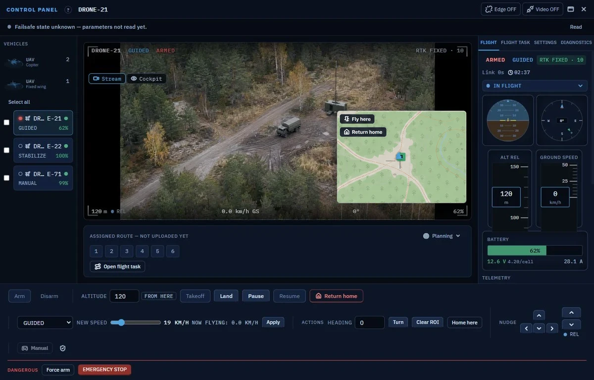 VADAS drone control panel: SITL drone in flight