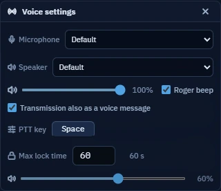 Radio settings: PTT hotkey, voice messages and audio controls