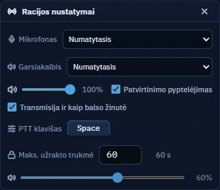 Racijos nustatymai: PTT klavišas, balso žinutės ir garso valdymas